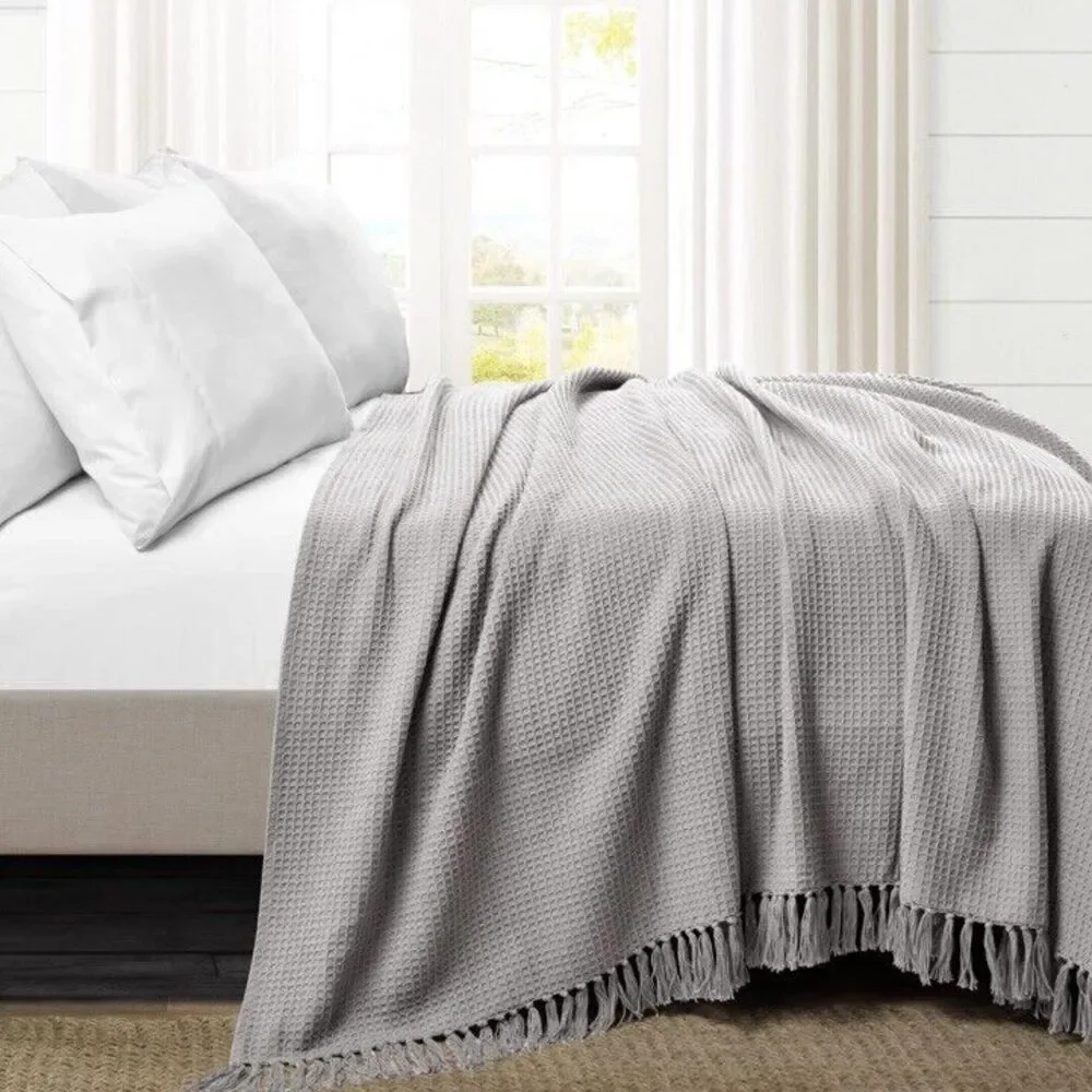 Waffle Cotton Knit Throw Light Gray‎ Full/Queen Blanket Tassel Fringe Boho NEW